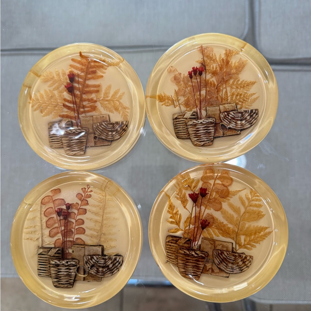 Vintage Resin/Lucite Coasters‎ Set of 4 – Dried Fern & Floral, Amber